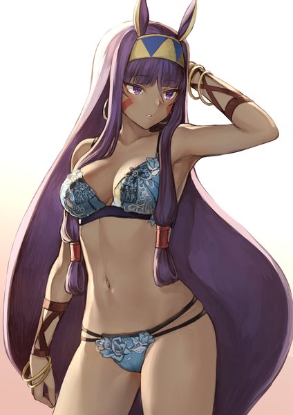 Anime picture 1302x1842 with fate (series) fate/grand order nitocris (fate) mashuu (neko no oyashiro) single tall image fringe breasts light erotic simple background hair between eyes standing purple eyes animal ears payot looking away cleavage purple hair very long hair parted lips