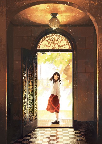 Anime-Bild 1061x1500 mit original gemi single long hair tall image fringe brown hair standing full body eyes closed wind hands behind back checkered floor floor girl skirt socks shoes white socks red skirt