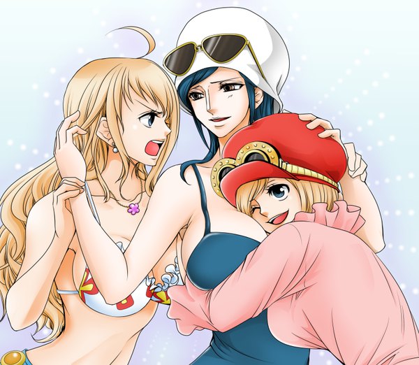 Anime picture 800x696 with one piece toei animation nami (one piece) nico robin koala (one piece) chikaburo long hair fringe short hair breasts open mouth blue eyes light erotic simple background blonde hair smile large breasts multiple girls holding blue hair