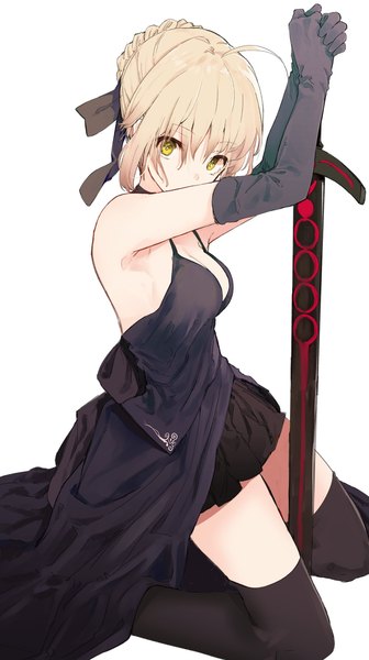 Anime picture 1146x2048 with fate (series) fate/grand order fate/stay night artoria pendragon (all) saber alter mieharu single tall image fringe short hair light erotic simple background blonde hair hair between eyes white background yellow eyes cleavage ahoge girl thighhighs