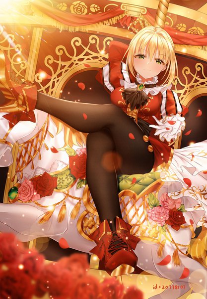 Anime picture 1500x2155 with fate (series) fate/grand order fate/extra nero claudius (fate) (all) nero claudius (fate) junpaku karen single tall image blush fringe short hair breasts light erotic blonde hair smile hair between eyes sitting green eyes sunlight high heels