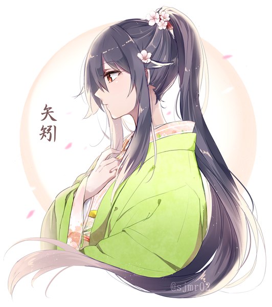 Anime picture 750x846 with kantai collection yahagi light cruiser shijima (sjmr02) single long hair tall image black hair simple background red eyes white background signed ponytail traditional clothes japanese clothes profile hair flower inscription alternate costume girl hair ornament