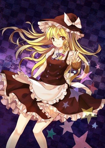 Anime picture 1000x1414 with touhou kirisame marisa kita (kitairoha) single long hair tall image looking at viewer blonde hair brown eyes braid (braids) light smile single braid checkered checkered background girl skirt hat pantyhose star (symbol) apron