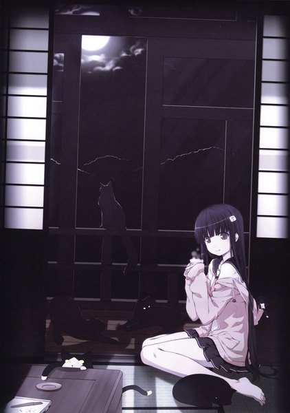 Anime picture 2159x3072 with original eshi 100-nin ten ooji (artist) single long hair tall image highres black hair brown eyes barefoot girl serafuku moon cat