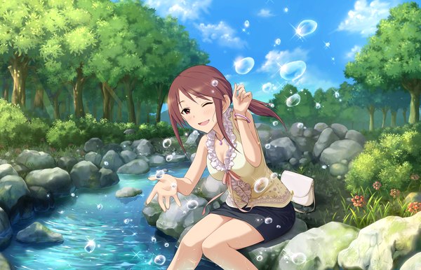 Anime picture 1280x824 with idolmaster idolmaster cinderella girls mifune miyu single long hair blush open mouth brown hair sitting brown eyes one eye closed wink river girl skirt flower (flowers) plant (plants) tree (trees) bubble (bubbles)