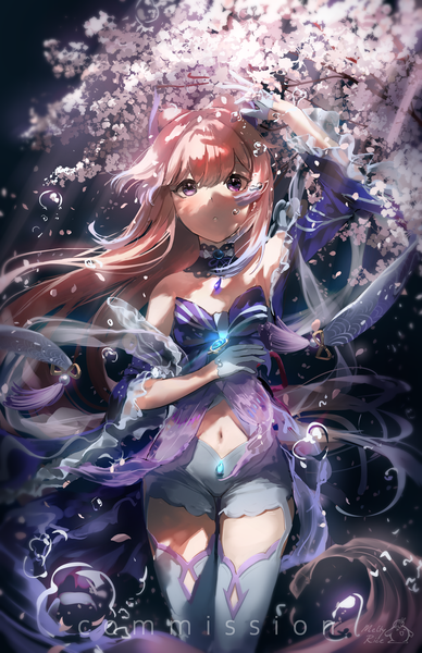 Anime picture 1650x2550 with genshin impact sangonomiya kokomi meltyrice single long hair tall image looking at viewer blush fringe hair between eyes standing purple eyes bare shoulders signed payot pink hair parted lips inscription wide sleeves floating hair