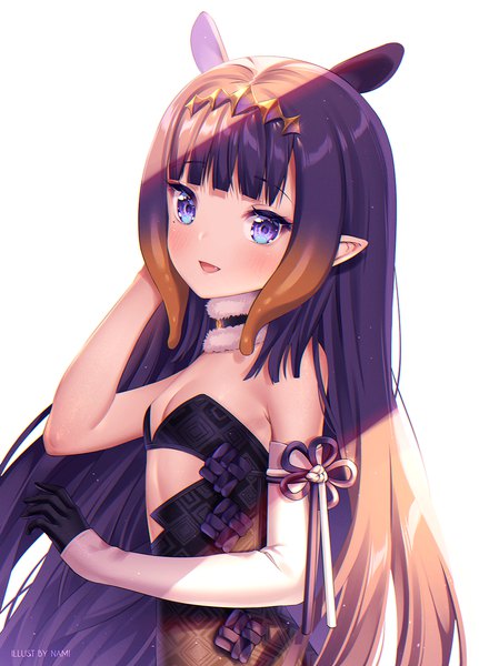 Anime picture 1000x1391 with virtual youtuber hololive hololive english ninomae ina'nis ninomae ina'nis (1st costume) nami (nyaa) single long hair tall image looking at viewer blush fringe open mouth blue eyes light erotic simple background white background animal ears cleavage purple hair