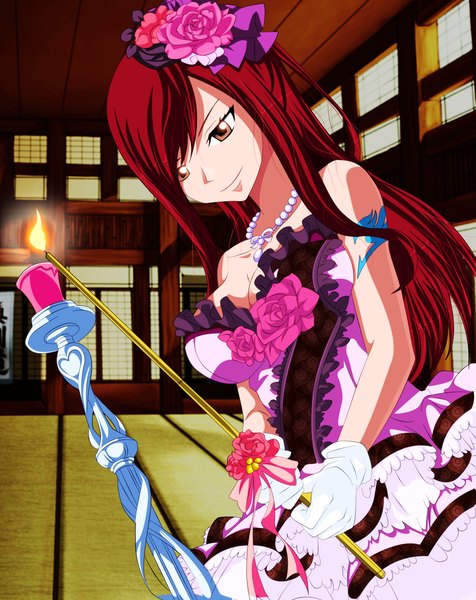 Anime picture 3200x4029 with fairy tail erza scarlet eikens single long hair tall image highres smile bare shoulders brown eyes absurdres red hair hair flower tattoo coloring girl dress gloves hair ornament flower (flowers)