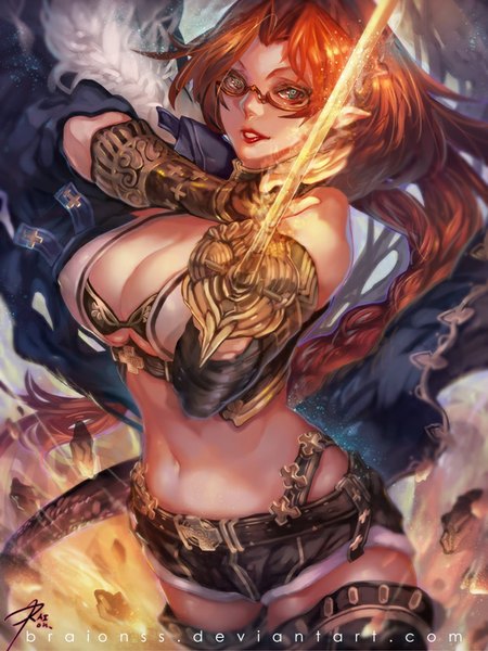 Anime picture 625x833 with original raion (soraelf) single tall image breasts light erotic large breasts signed cleavage red hair braid (braids) aqua eyes pointy ears midriff lipstick single braid demon girl red lipstick girl navel