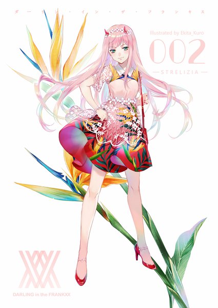 Anime picture 1397x1972 with darling in the franxx studio trigger zero two (darling in the franxx) ekita xuan single long hair tall image looking at viewer blush simple background white background pink hair full body horn (horns) aqua eyes copyright name girl dress flower (flowers) bag