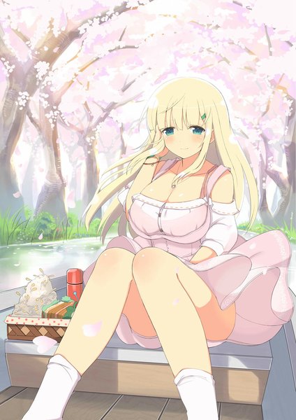 Anime picture 800x1131 with senran kagura yomi (senran kagura) yaegashi nan single long hair tall image looking at viewer blush blue eyes light erotic blonde hair bare shoulders cherry blossoms knees together feet apart girl dress plant (plants) petals tree (trees) socks