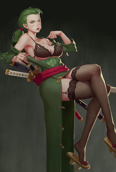 Anime-Bild 800x1179 mit one piece toei animation roronoa zoro shen zhigang single long hair tall image looking at viewer blush breasts open mouth light erotic simple background large breasts bare shoulders green eyes cleavage traditional clothes japanese clothes one eye closed
