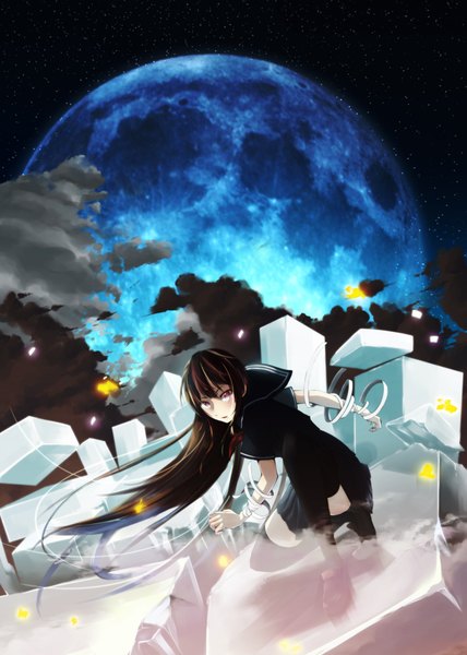 Anime picture 1583x2220 with original haz first music single long hair tall image black hair red eyes cloud (clouds) night sky girl thighhighs black thighhighs insect butterfly moon star (stars) bandage (bandages)