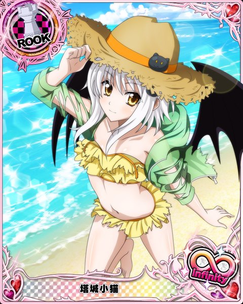 Anime picture 640x800 with highschool dxd toujou koneko single tall image looking at viewer short hair light erotic yellow eyes white hair loli beach torn clothes card (medium) girl navel swimsuit hat bikini wings straw hat