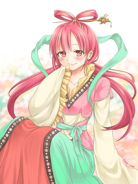 Anime picture 1500x2000 with magi the labyrinth of magic a-1 pictures ren kougyoku mono land single long hair tall image looking at viewer blush fringe simple background smile red eyes sitting signed red hair long sleeves wide sleeves hair rings hands in sleeves