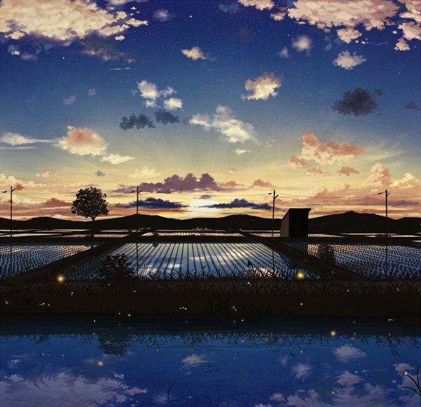Anime picture 1000x969 with original pei (sumurai) cloud (clouds) reflection mountain no people landscape field sunrise plant (plants) tree (trees) water star (stars) grass sun wire (wires) rice paddy