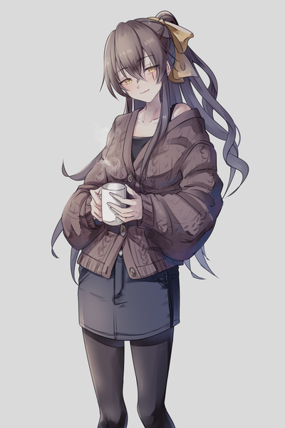 Anime picture 1200x1800 with girls frontline ump45 (girls frontline) kogarashi kon single long hair tall image looking at viewer fringe black hair simple background smile hair between eyes standing yellow eyes grey background one side up wavy hair scar steam girl
