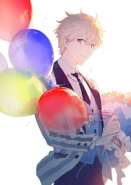 Anime picture 1000x1414 with fate (series) fate/prototype arthur pendragon (fate) rella single tall image looking at viewer fringe short hair blonde hair smile hair between eyes holding yellow eyes light smile alternate costume boy flower (flowers) necktie vest