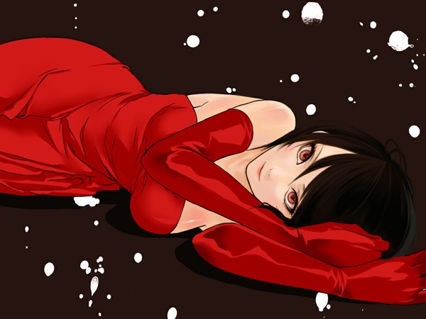 Anime picture 1024x768 with vocaloid meiko gotronix single looking at viewer short hair brown hair bare shoulders brown eyes lying on side girl dress gloves elbow gloves red dress strapless dress red gloves