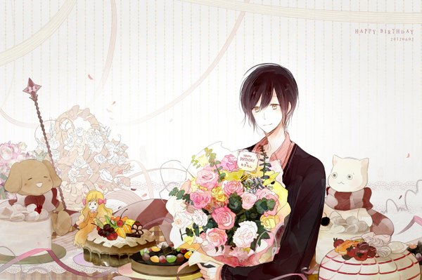 Anime picture 1334x888 with nico nico singer asamaru (pointfive) sincere (artist) single short hair black hair smile hair between eyes brown eyes striped happy birthday striped background boy flower (flowers) petals food sweets scarf rose (roses) toy