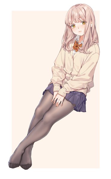 Anime picture 929x1500 with original fangxiang cuoluan single long hair tall image looking at viewer blush fringe simple background brown hair sitting yellow eyes full body blunt bangs long sleeves head tilt pleated skirt lips no shoes crossed legs