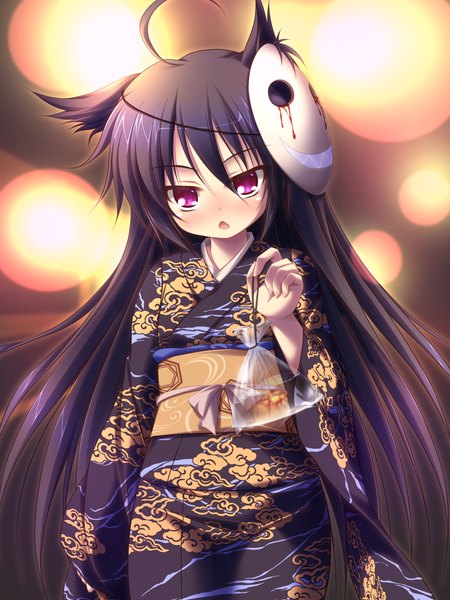 Anime picture 3348x4464 with original mizunoe kotaru single long hair tall image blush highres open mouth black hair animal ears absurdres ahoge traditional clothes japanese clothes pink eyes light mask on head girl animal belt