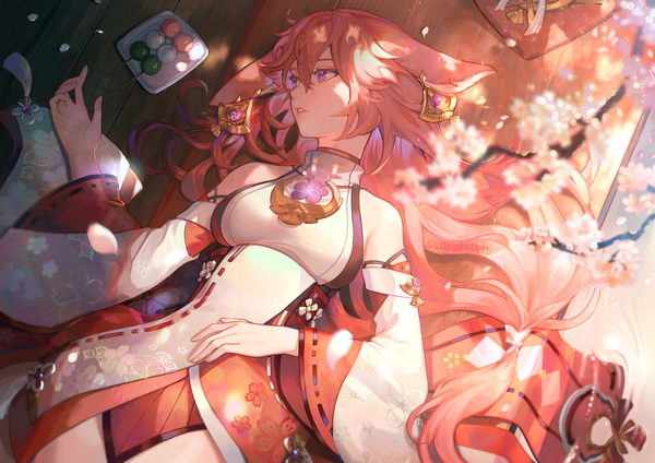 Anime picture 1754x1240 with genshin impact yae miko oyakorodesu single long hair fringe highres hair between eyes purple eyes animal ears looking away pink hair lying traditional clothes japanese clothes on back fox ears cherry blossoms low ponytail nontraditional miko