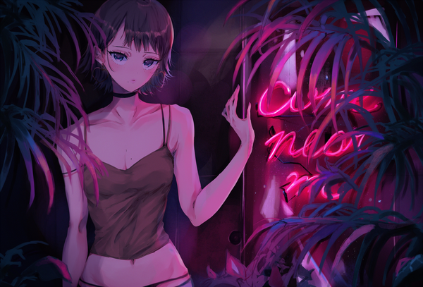 Anime picture 2000x1359 with original najuco (naju0517) single looking at viewer blush fringe highres short hair breasts blue eyes black hair standing bare shoulders cleavage upper body orange hair night mole midriff sleeveless