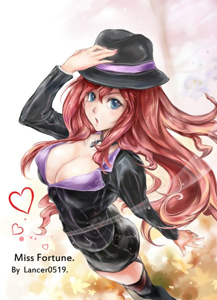 Anime picture 952x1320 with league of legends miss fortune (league of legends) lancer0519 single long hair tall image looking at viewer blush breasts blue eyes light erotic large breasts cleavage red hair girl thighhighs black thighhighs hat heart garter straps