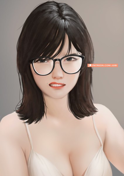 Anime picture 2480x3508 with real life ditta amelia saraswati jubi (regiana) single tall image looking at viewer fringe highres short hair light erotic black hair simple background smile bare shoulders signed cleavage black eyes realistic grey background mole