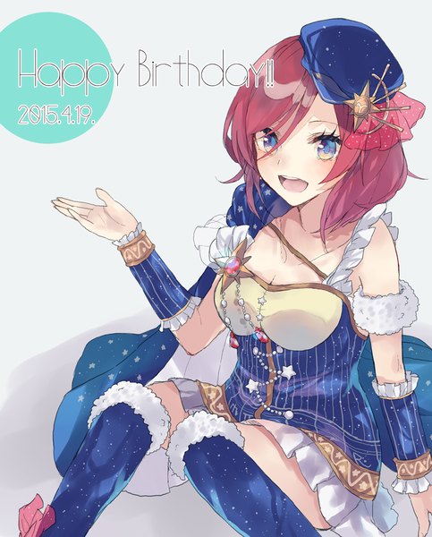Anime picture 900x1118 with love live! school idol project sunrise (studio) love live! nishikino maki ultone (neisiss) single tall image looking at viewer breasts open mouth blue eyes bent knee (knees) inscription outstretched arm polka dot happy birthday girl star (symbol) fur beret