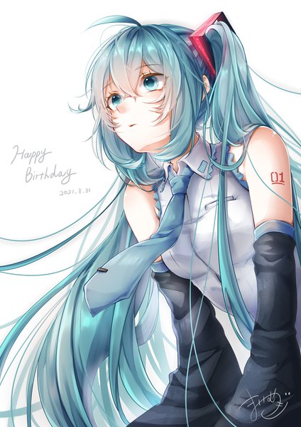 Anime picture 2480x3507 with vocaloid hatsune miku mai mugi single long hair tall image fringe highres simple background hair between eyes white background twintails signed looking away ahoge aqua eyes aqua hair dated happy birthday girl
