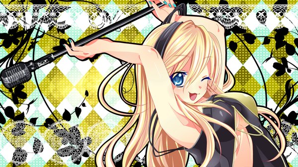 Anime picture 1500x842 with vocaloid lily (vocaloid) toki (241759) single long hair open mouth blue eyes light erotic blonde hair wide image nail polish one eye closed wink girl microphone
