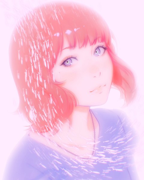 Anime picture 1280x1599 with original ilya kuvshinov single tall image looking at viewer short hair blue eyes white background red hair flock girl animal necklace fish (fishes)