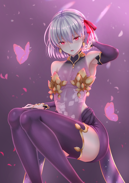 Anime picture 2480x3507 with fate (series) fate/grand order kama (fate) penguintake single tall image looking at viewer fringe highres short hair breasts open mouth light erotic simple background red eyes sitting bare shoulders silver hair bent knee (knees) sparkle