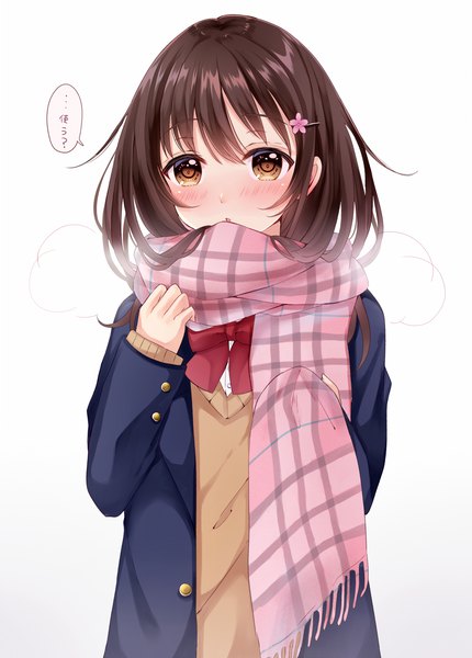 Anime picture 1267x1768 with original sakura hiyori single long hair tall image blush fringe simple background hair between eyes brown hair white background brown eyes upper body :o embarrassed exhalation girl uniform school uniform scarf