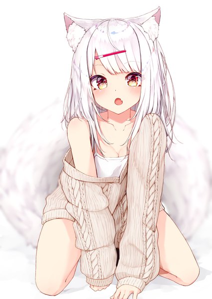 Anime picture 2508x3541 with original mayogii single long hair tall image looking at viewer blush fringe highres breasts open mouth simple background white background bare shoulders animal ears cleavage silver hair tail long sleeves animal tail