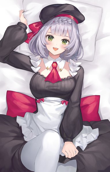 Anime picture 650x1021 with genshin impact noelle (genshin impact) noelle (kfc) (genshin impact) doco (doco3811) single tall image looking at viewer blush short hair open mouth green eyes silver hair lying braid (braids) :d on back official alternate costume girl pantyhose pillow