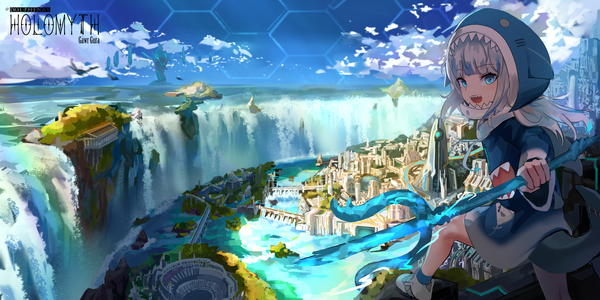 Anime picture 2400x1200 with virtual youtuber hololive hololive english gawr gura gawr gura (1st costume) san ke yue shi single long hair looking at viewer blush fringe highres short hair open mouth blue eyes smile wide image standing animal ears blue hair