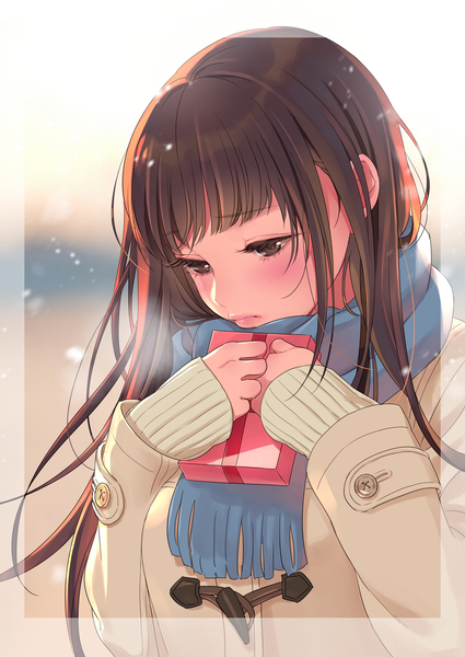 Anime picture 869x1228 with original morikura en single long hair tall image blush fringe brown hair holding brown eyes payot upper body blunt bangs long sleeves lips gradient background border looking down portrait snowing