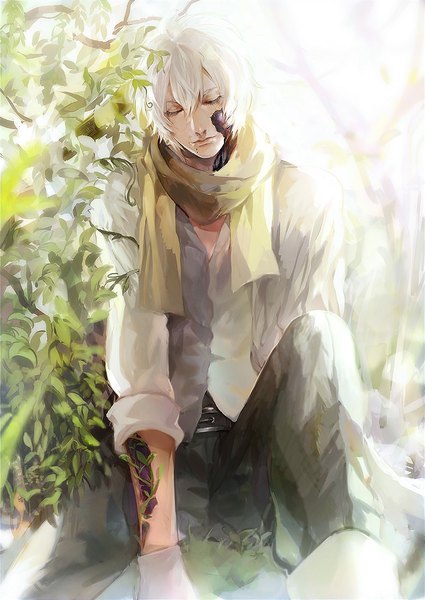 Anime picture 708x1000 with dramatical murder nitro+chiral clear (dmmd) kusari n ba (kigou) single tall image short hair sitting white hair eyes closed mole mole under mouth broken boy gloves plant (plants) white gloves scarf android
