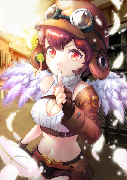 Anime picture 1500x2122 with original zzoggomini single tall image looking at viewer short hair red eyes brown hair midriff girl gloves navel wings jacket fingerless gloves feather (feathers) goggles helmet