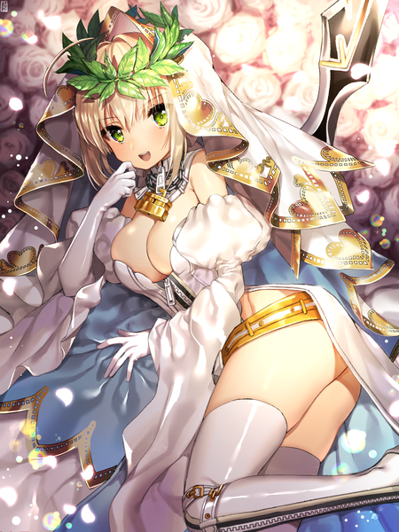 Anime picture 1200x1600 with fate (series) fate/extra fate/extra ccc nero claudius (fate) (all) nero claudius (fate) nero claudius (bride) (fate) gambe tall image looking at viewer fringe short hair breasts open mouth light erotic blonde hair smile green eyes signed cleavage ahoge