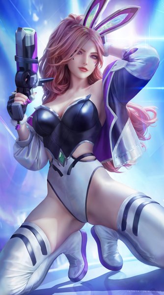 Anime picture 3900x7000 with league of legends miss fortune (league of legends) wickellia single long hair tall image looking at viewer highres breasts light erotic large breasts pink hair absurdres cleavage ponytail indoors nail polish pink eyes fingernails realistic