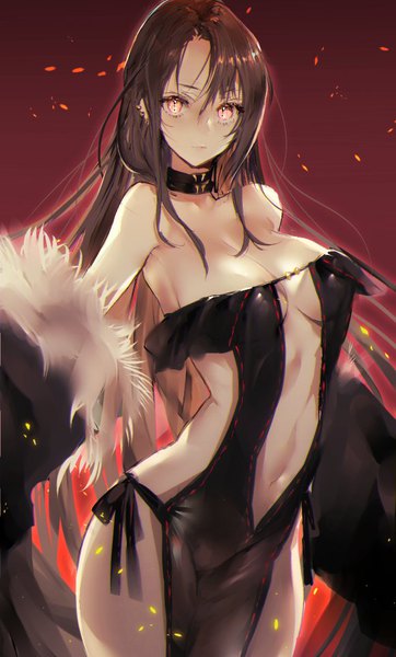 Anime picture 581x961 with fate (series) fate/grand order yu mei-ren (fate) hitaki yuu single long hair tall image looking at viewer fringe breasts light erotic simple background hair between eyes red eyes brown hair large breasts standing bare shoulders payot off shoulder