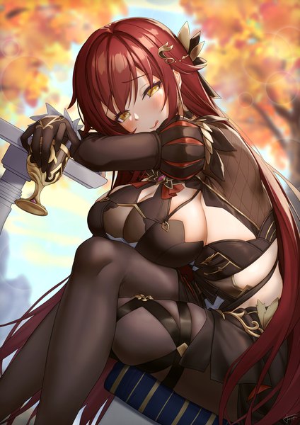 Anime picture 1414x2000 with honkai impact 3rd honkai (series) eden (honkai impact) xfate single tall image looking at viewer blush fringe breasts light erotic sitting holding signed yellow eyes payot cleavage outdoors red hair very long hair