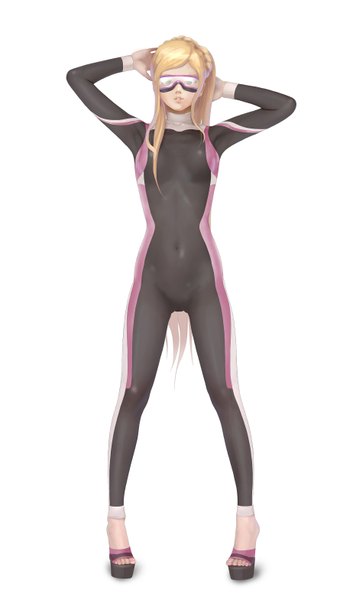 Anime picture 1777x3134 with dangan ronpa super dangan ronpa 2 sonia nevermind nyarko single long hair tall image looking at viewer blush highres open mouth blue eyes light erotic simple background blonde hair white background ponytail barefoot teeth arms behind head