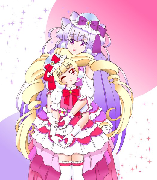 Anime picture 1750x2000 with precure hugtto! precure toei animation ruru amour aisaki emiru cure amour cure macherie iinaoushi long hair tall image looking at viewer fringe highres blonde hair smile red eyes purple eyes twintails multiple girls purple hair
