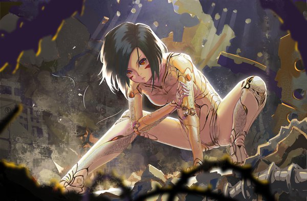 Anime picture 2289x1500 with battle angel alita gally tea sly single looking at viewer highres short hair black hair red eyes indoors sunlight squat sunbeam fighting stance holding arm girl android
