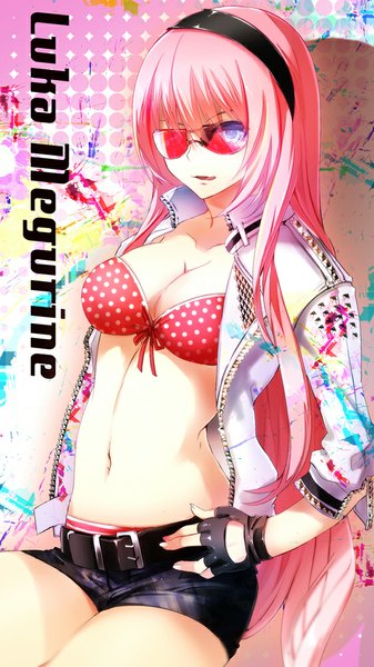Anime picture 562x1000 with vocaloid megurine luka yuuki kira single long hair tall image breasts blue eyes light erotic pink hair open clothes open jacket girl gloves navel jacket shorts hairband fingerless gloves bikini top